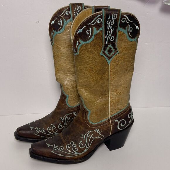 Sterling River Boots Women’s 7B Brown Teal Leather Western Embroidered Pointed - Picture 1 of 12